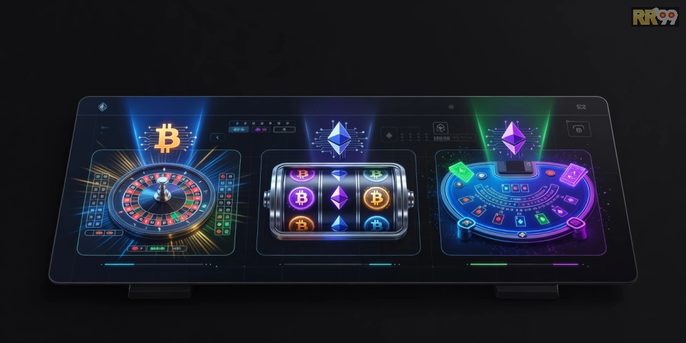 Minh họa giao diện crypto casino rr99 hiện đại với các trò chơi hấp dẫn
