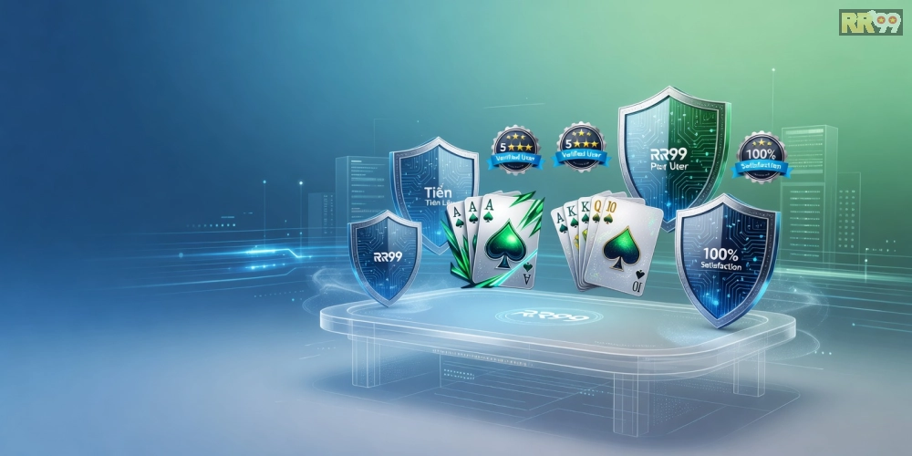Hình ảnh minh họa nền tảng game bài RR99 với các tựa game phổ biến và biểu tượng bảo mật.