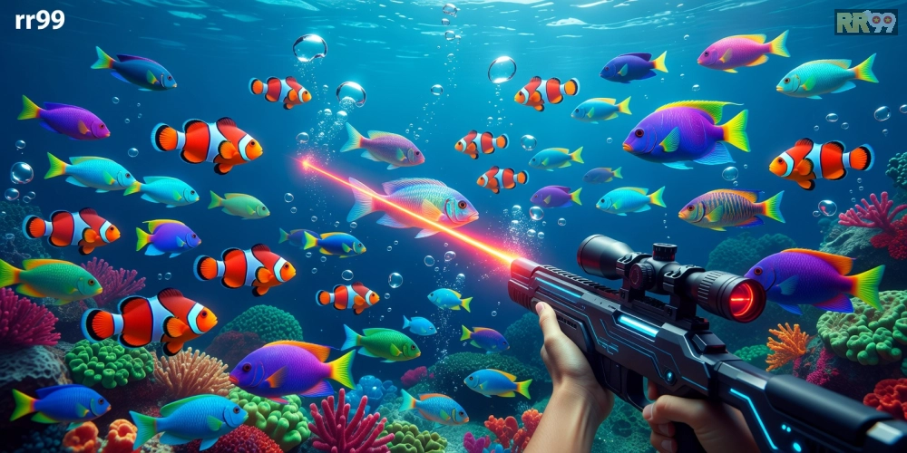 Minh họa giao diện game bắn cá online rr99 với cá đa dạng và súng hiện đại