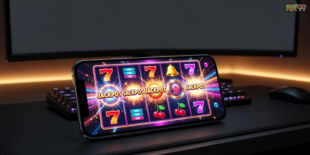 Hình minh họa khái niệm tải game nổ hũ rr99 với giao diện slot machine hấp dẫn.